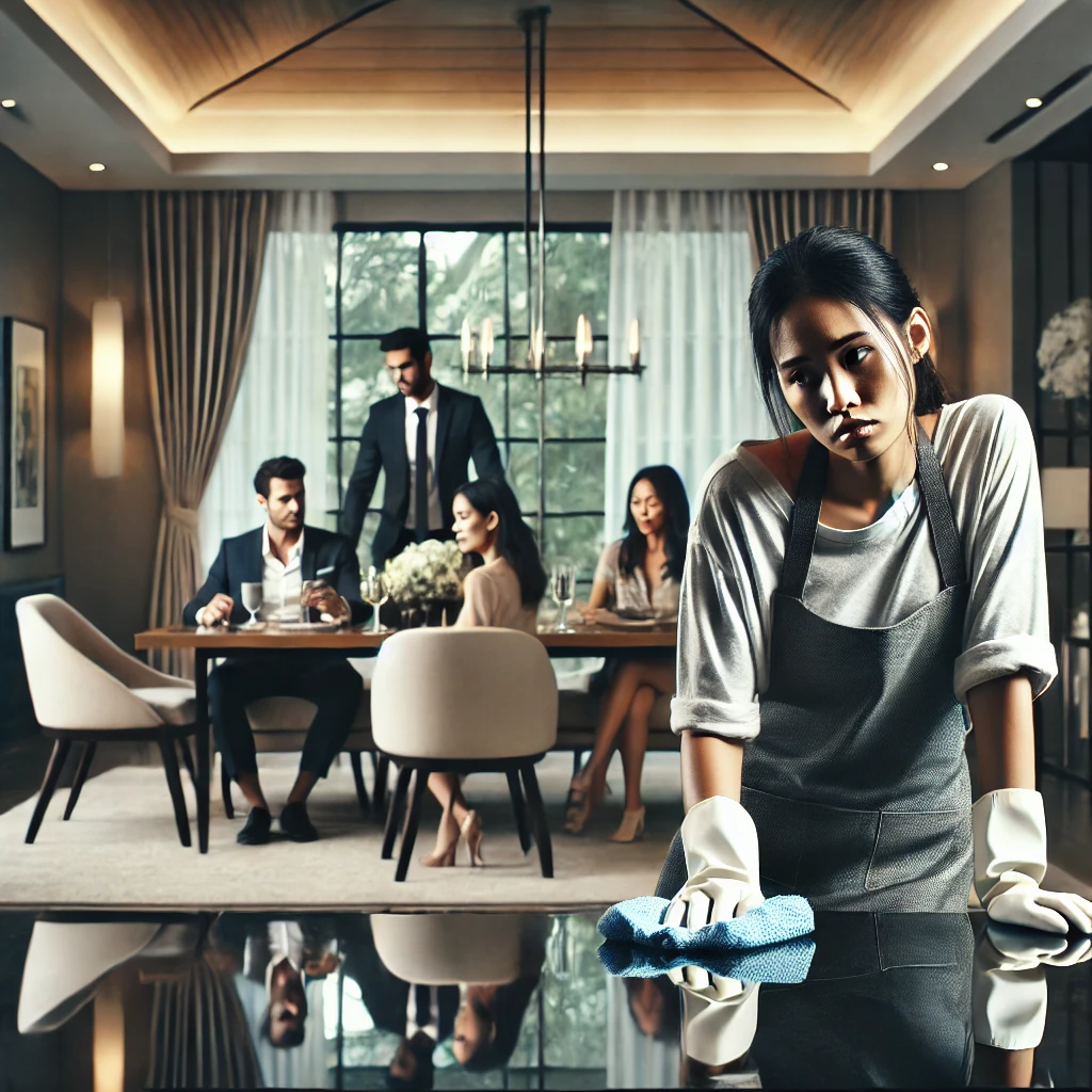 In the forefront, a woman in an apron wipes a table. In the background, a group of wealthy individuals enjoy a meal.