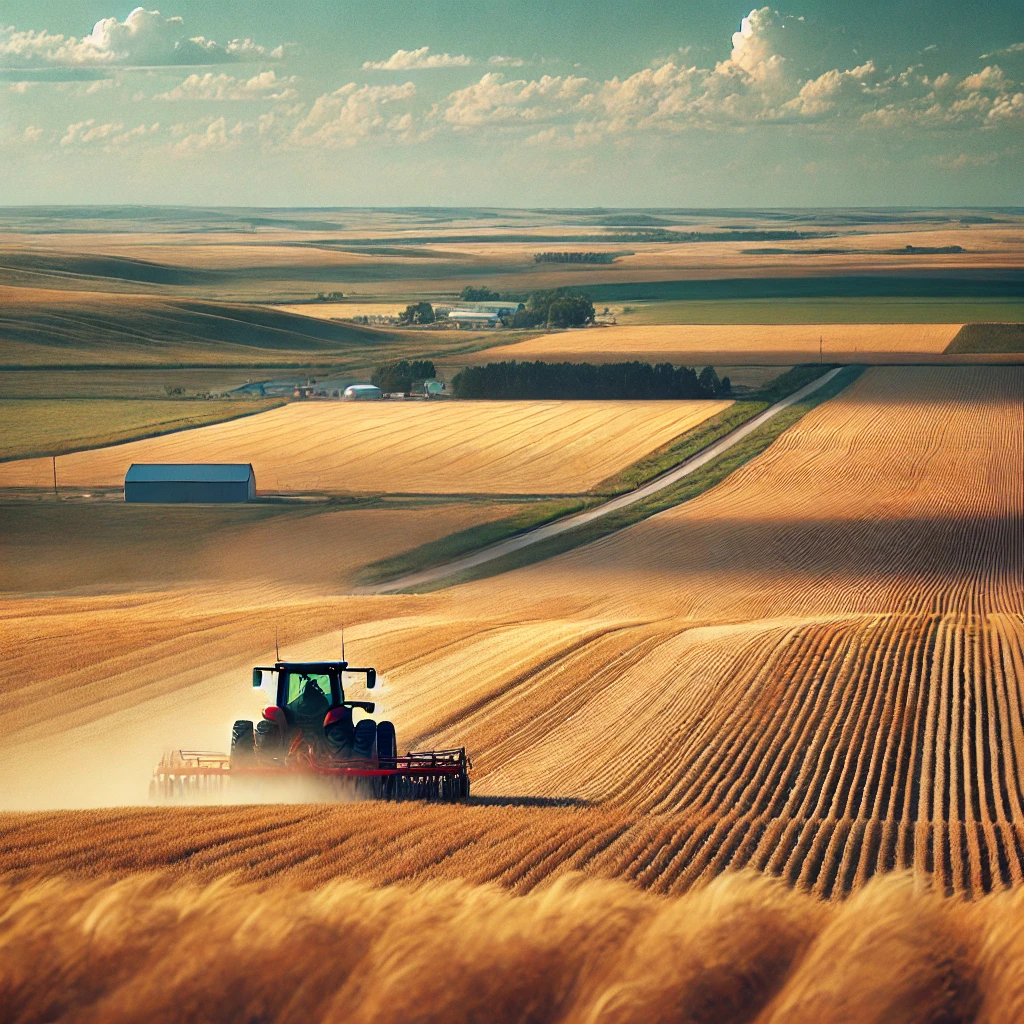 A field being plowed at dusk by a red tractor.