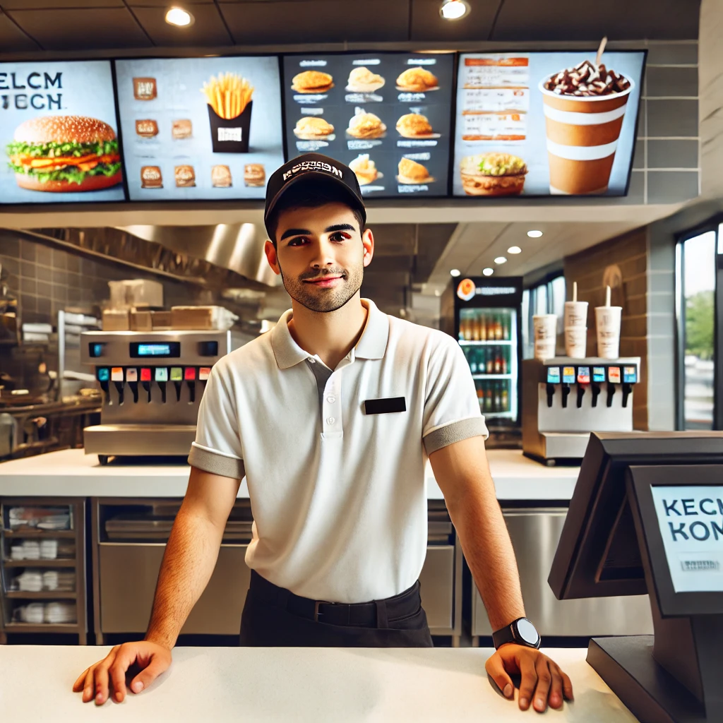 A smiling man stands at a fast food counter.