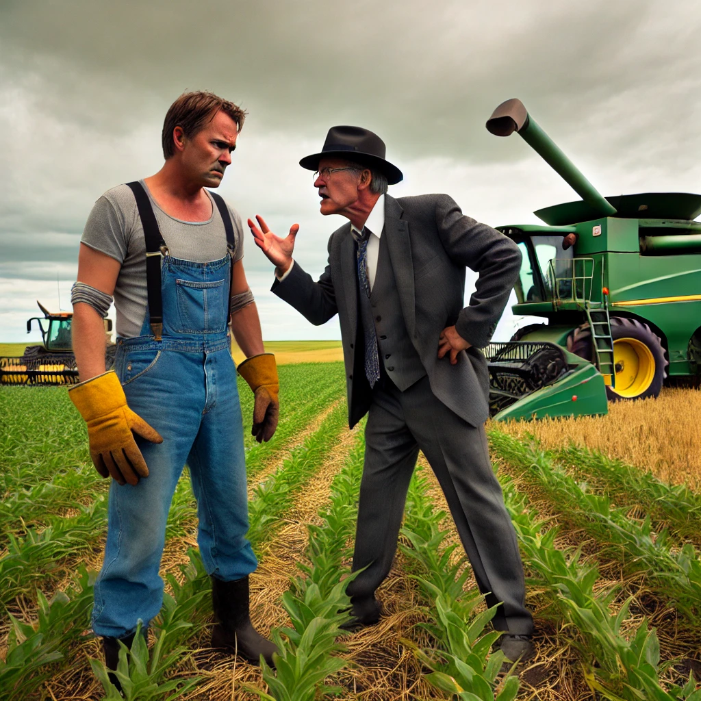 A businessman in a suit scolds a man sin overalls and work gloves on a farm.