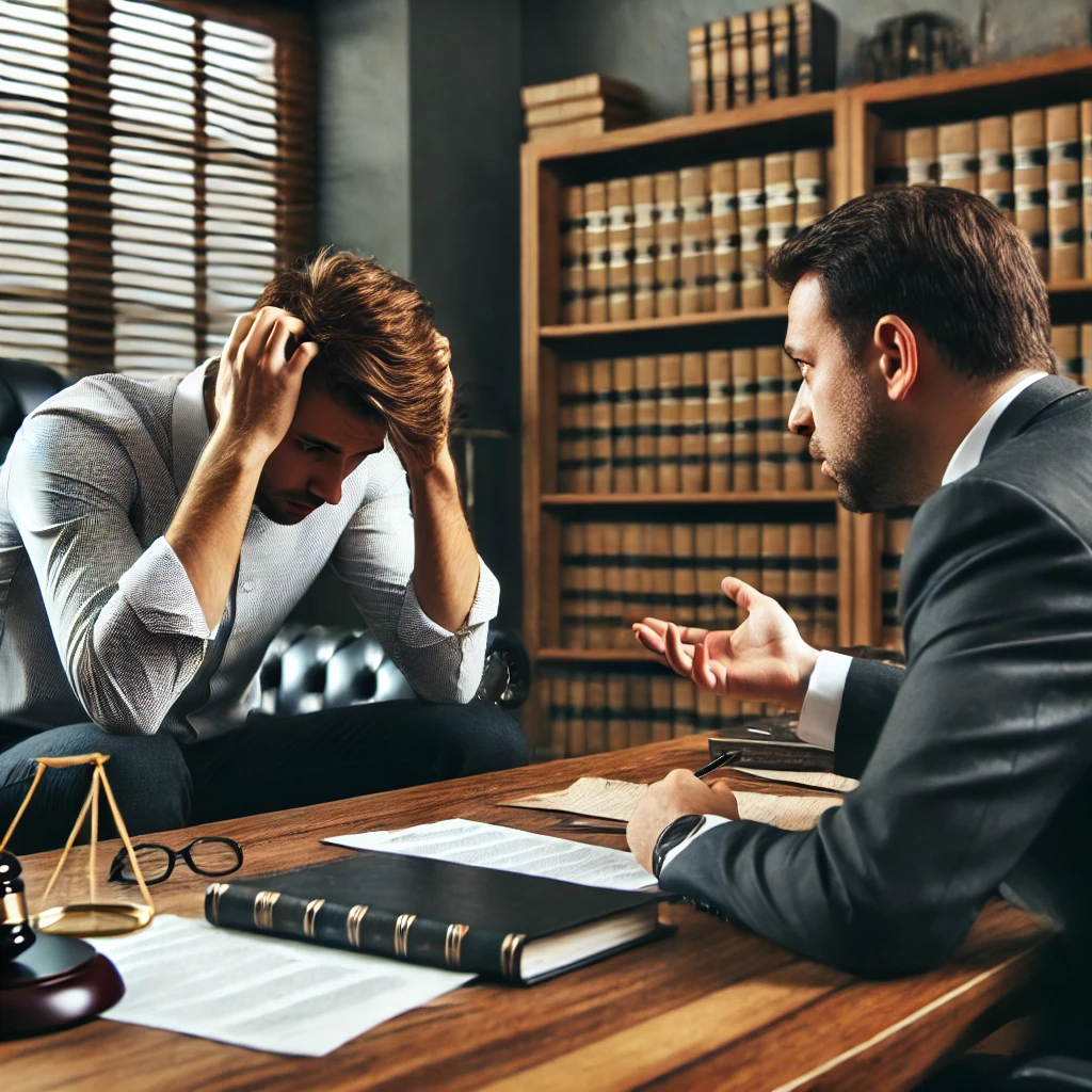 A stressed man consults with an attorney at a wooden desk, law books in the background.