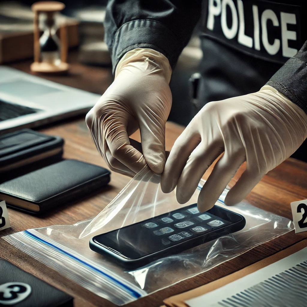 A police officer bags a cell phone as evidence.