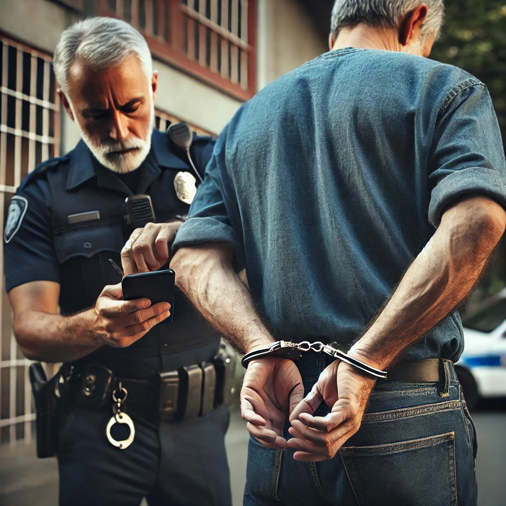 Late middle age man being arrested by officer. Officer has cellphone in-hand.