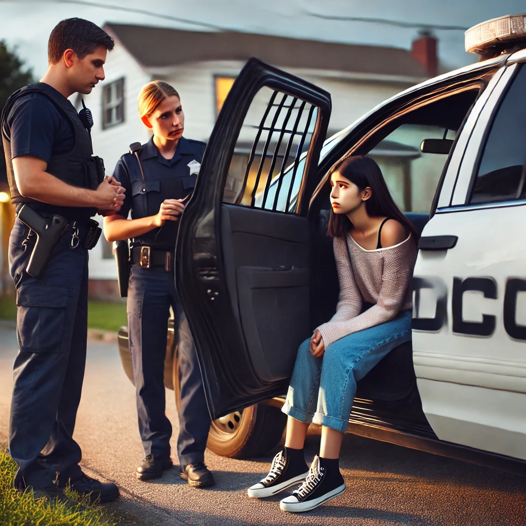 A young teen is interviewed by two police officers, she is positioned in the front of a squad car.