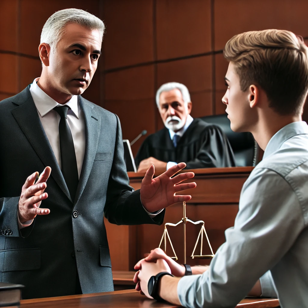 Middle aged attorney questions a juvenile male while the judge looks on.