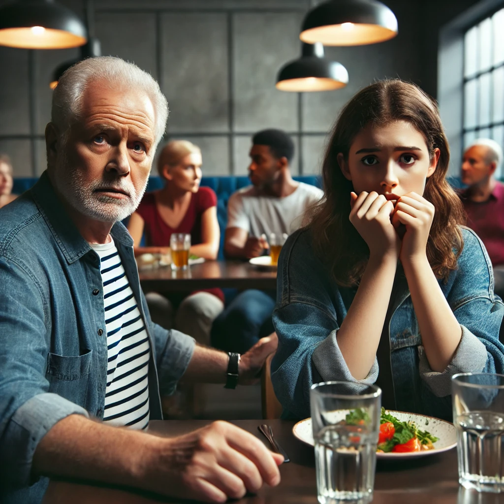 Older man at a restaurant with a worried, young teen.